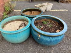 Three similar blue glazed circular garden planters