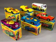 Six boxed Matchbox Superfast diecast model vehicles: 7 Hairy Hustler, 45 Ford Group 6, 58 Woosh N