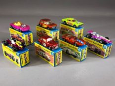 Seven boxed Matchbox Superfast diecast model vehicles: 15 Volkswagen, 19 Lotus Racing Car, 29 Racing