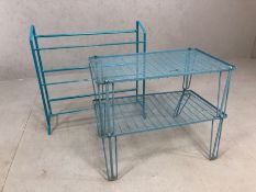 Vintage blue metal shelving unit along with small blue metal vintage shoe rack