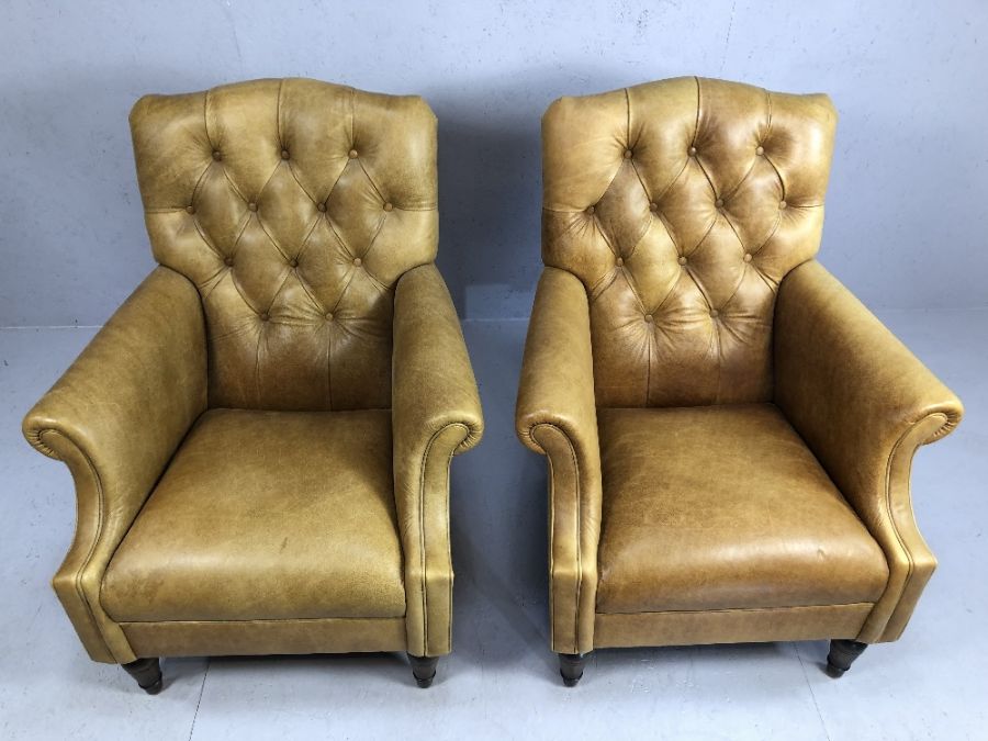 Pair of leather / cattle hide tan fireside button back chairs, by Laura Ashley - Image 3 of 4