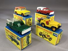 Four boxed Matchbox Series diecast model vehicles: 6 Ford Pick-Up, 18 Field Car, 50 Kennel Truck, 72