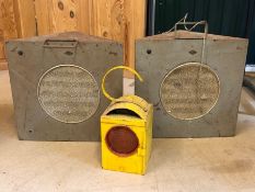 Pair of metal triangular shaped vintage speakers with makers logo for ELPICO along with a vintage