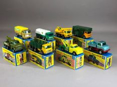 Eight boxed Matchbox Superfast diecast model vehicles: 1 Mercedes Truck, 4 Stake Truck, 13 Dodge