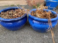 Pair of blue glazed circular planters