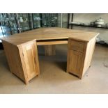 Light wood modern corner desk unit on twin pedestal