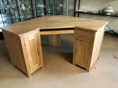 Light wood modern corner desk unit on twin pedestal