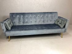 Blue grey velvet button back three seater sofa bed, folds to create small double bed, approx 200cm