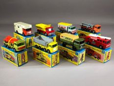 Eight boxed Matchbox Superfast diecast model vehicles: 1 Mercedes Truck, 10 Pipe Truck, 11