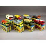 Eight boxed Matchbox Superfast diecast model vehicles: 1 Mercedes Truck, 10 Pipe Truck, 11