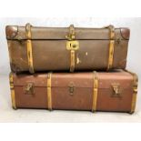 Two wooden bound vintage travel trunks