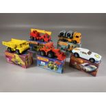 Five boxed Matchbox Superfast diecast model vehicles: 8 De Tomaso Pantera, 26 Cable Truck, 29