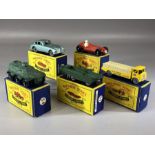 Five boxed Matchbox Series diecast model vehicles: Nos. 51, 52, 53, 54, 55