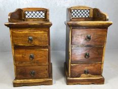 Pair of Mexican pine bedside tables, with galleried tops, approx 40cm x 40cm x 77cm tall