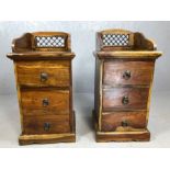 Pair of Mexican pine bedside tables, with galleried tops, approx 40cm x 40cm x 77cm tall
