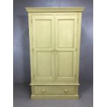 Painted pine two drawer wardrobe with drawer under, approx 113cm x 57cm x 193cm tall
