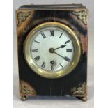 Wooden cased clock with silver dial and key, on brass feet