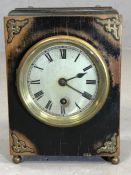 Wooden cased clock with silver dial and key, on brass feet