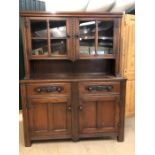 Oak dresser with two drawers, two cupboards below, glazed shelves above, approx 140cm x 47cm x 178cm