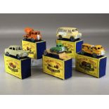 Five boxed Matchbox Series diecast model vehicles: Nos. 26, 27, 28, 29, 30