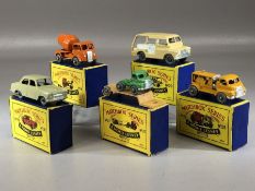 Five boxed Matchbox Series diecast model vehicles: Nos. 26, 27, 28, 29, 30