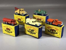 Five boxed Matchbox Series diecast model vehicles: Nos. 11, 12, 13, 14, 15