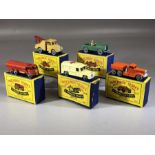 Five boxed Matchbox Series diecast model vehicles: Nos. 11, 12, 13, 14, 15