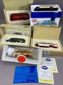 Boxed diecast buses: Three boxed Corgi buses, a Dinky Collection 1950 Mercedes Benz bus and one