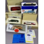 Boxed diecast buses: Three boxed Corgi buses, a Dinky Collection 1950 Mercedes Benz bus and one