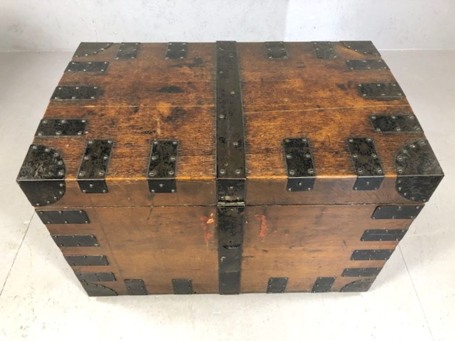 Large metal bound trunk or chest used for transporting a large canteen of cutlery plus silver tea - Image 2 of 7