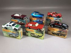 Six boxed Matchbox diecast model vehicles: Superfast 3 Porsche Turbo, 6 Mercedes Tourer, Superfast