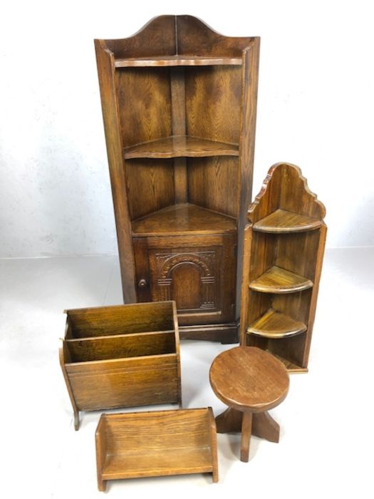 Five small piece of wooden vintage furniture to include corner cupboard/bookshelf, magazine rack,