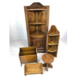 Five small piece of wooden vintage furniture to include corner cupboard/bookshelf, magazine rack,