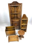 Five small piece of wooden vintage furniture to include corner cupboard/bookshelf, magazine rack,