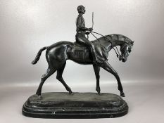 Bronze figure of horse and jockey after Bonheur, on black marble base, approx 40cm tall