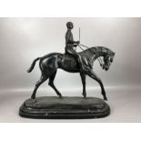 Bronze figure of horse and jockey after Bonheur, on black marble base, approx 40cm tall