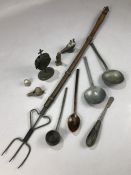 Collection of curios of varying ages to include a Victorian lead bird whistle, an antique surgeons