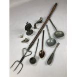 Collection of curios of varying ages to include a Victorian lead bird whistle, an antique surgeons