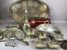 Large collection of silver plate to include an interesting bell-shaped decanter