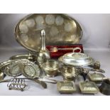 Large collection of silver plate to include an interesting bell-shaped decanter