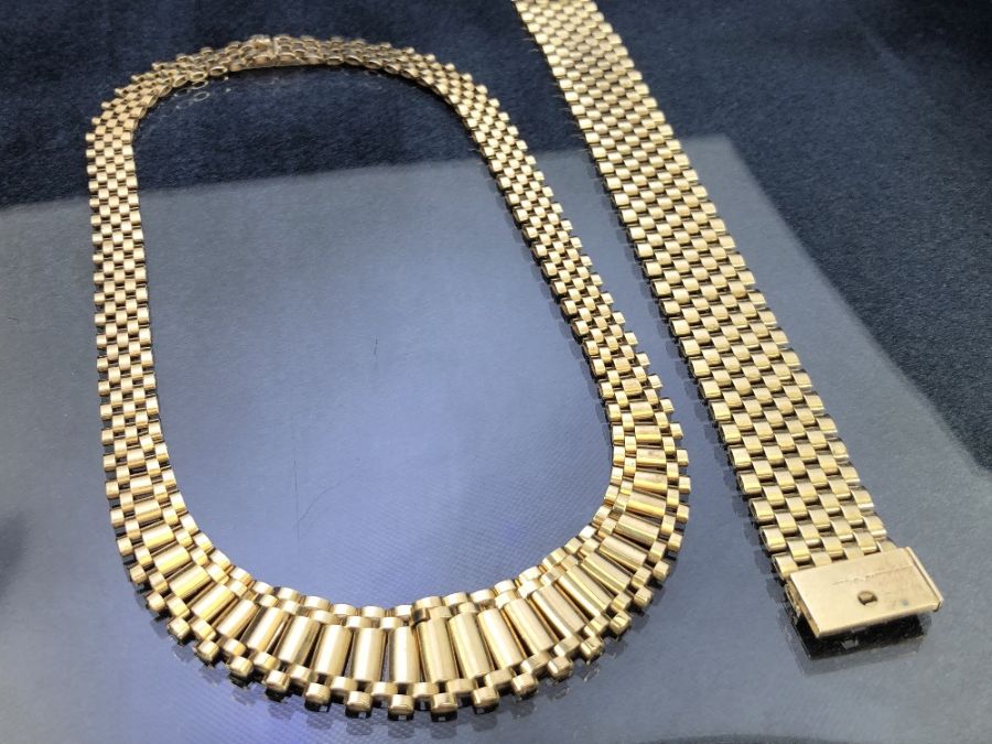 9ct Gold Graduated flat link necklace (27g) and wide (18mm) 9ct gold bracelet (24g) - Bild 2 aus 11