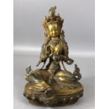 Gilt metal, possibly bronze figure of Amitayus Buddha seated on a lotus plinth, his headdress and