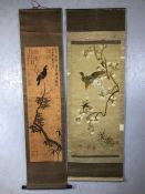 Two Chinese scrolls one on Linen, silk stitched birds etc