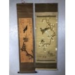 Two Chinese scrolls one on Linen, silk stitched birds etc