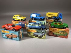 Six boxed Matchbox diecast model vehicles: Superfast 7 VW Golf, 12 Citroen CX, Suoerfast 21