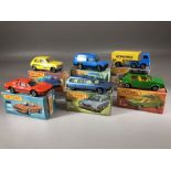 Six boxed Matchbox diecast model vehicles: Superfast 7 VW Golf, 12 Citroen CX, Suoerfast 21