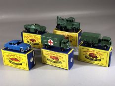 Five boxed Matchbox Series diecast model vehicles: Nos. 61, 62, 63, 64, 65