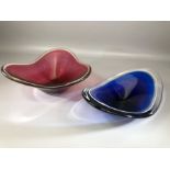 Two Paul Kedelv for Flygfors signed art glass bowls, one in blue approx 32cm in length, one in red