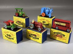 Five boxed Matchbox Series diecast model vehicles: Nos. 1, 2, 3, 4, 5