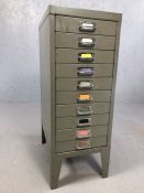 Flight of ten vintage metal drawers with chrome handles, approx 74cm tall